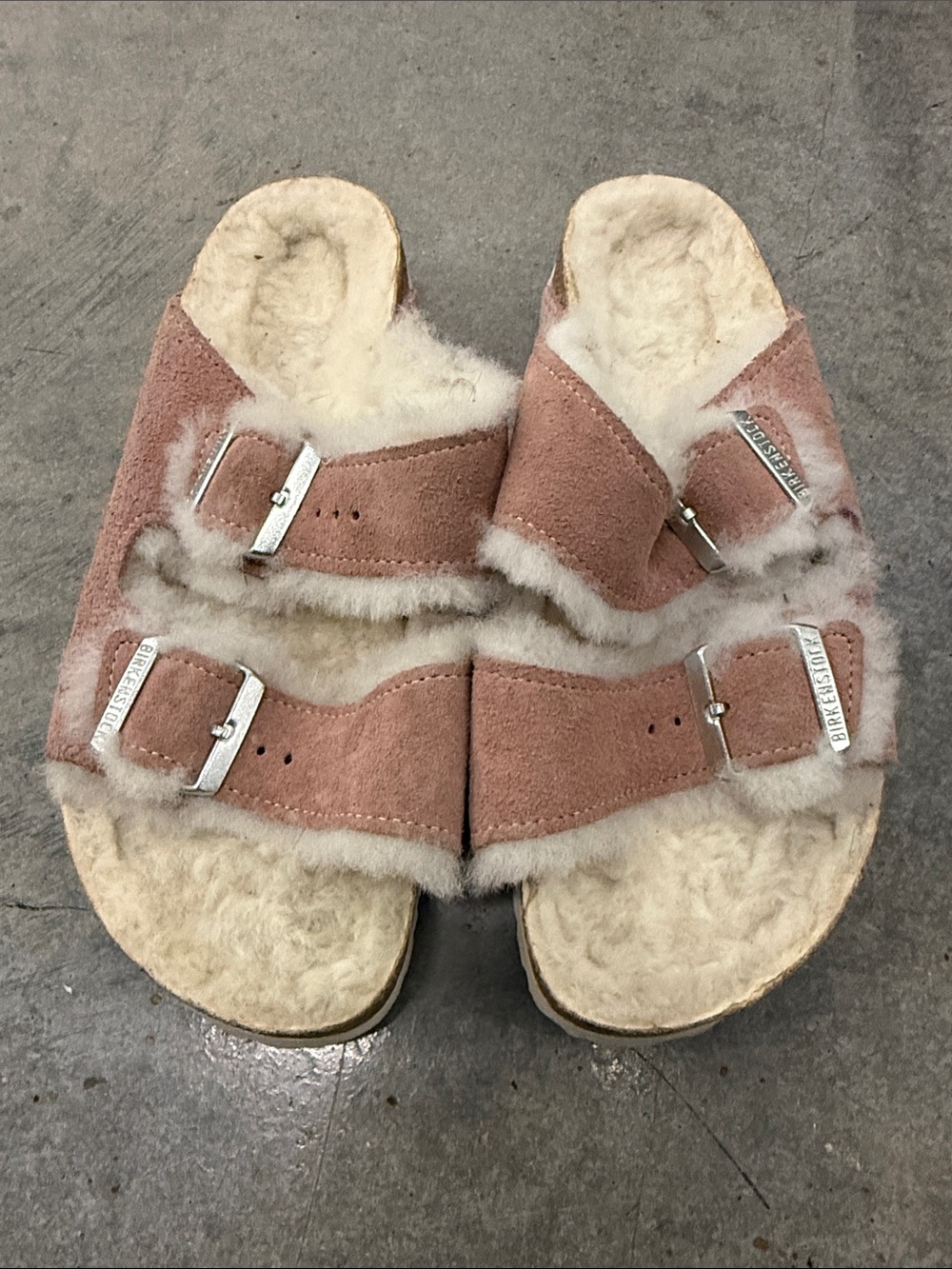 Birkenstock Pink Suede Shearling Double-Buckle Slides